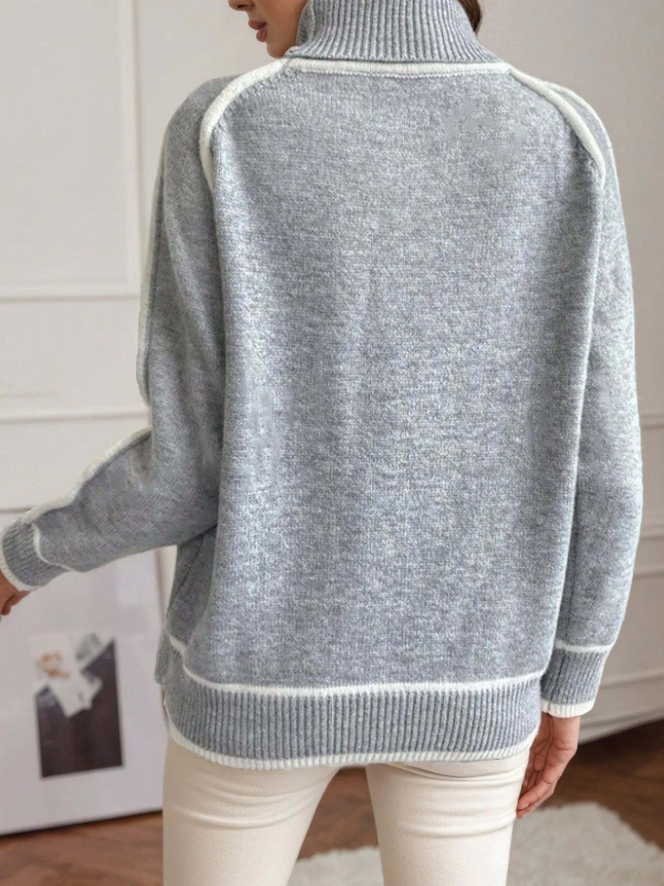 Sarah Express Women's Turtleneck Contrast Trim Sweater with Ribbed Details