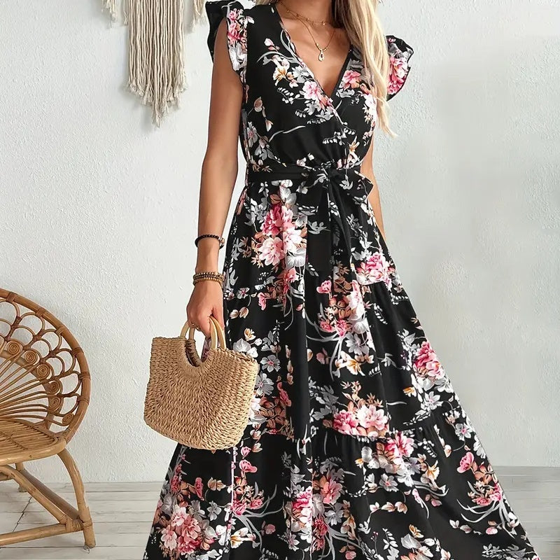 Women's Black Floral Print Dress Polyester