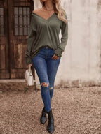 Sarah Express Women's V-Neck Long Sleeve T-Shirt - Button Detail Casual Top