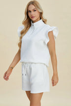 Sarah Express Women’s Plus Size Textured Flounce Sleeve Top and Shorts Set