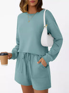 Sarah Express Women's Round Neck Long Sleeve Top and Shorts Set - Two Piece Loungewear