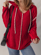 Sarah Express Women's Contrast Trim Cable-Knit Drawstring Hooded Sweater Deep Red