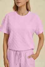 Sarah Express Women's Textured Round Neck Short Sleeve Top and Pants Set