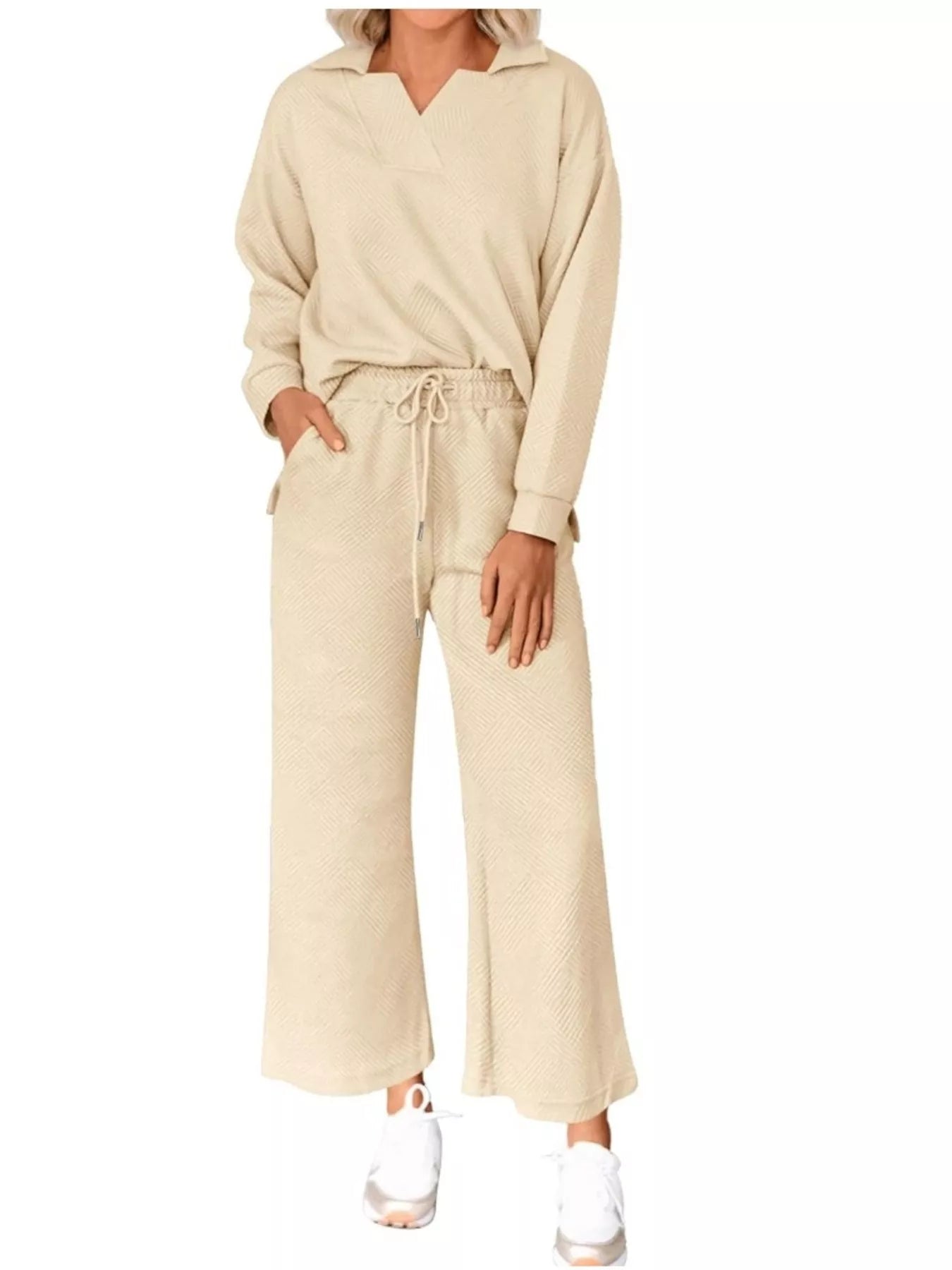Sarah Express Women's Side Slit Textured Top and Drawstring Pants Set Apricot