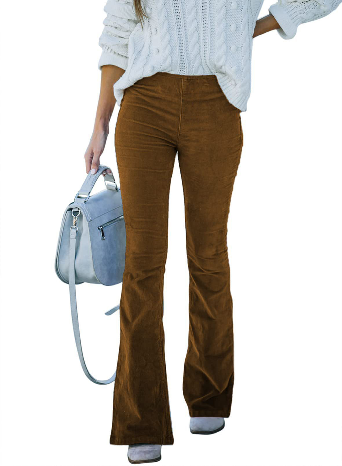Women's High Waist Corduroy Flared Pants Casual Slim Fit Trousers